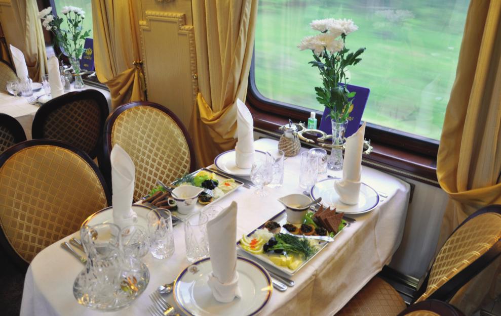 Meals onboard are a relaxed affair as the restaurant cars can accommodate all of our guests in a single sitting. Throughout the journey there is an informal dress code.