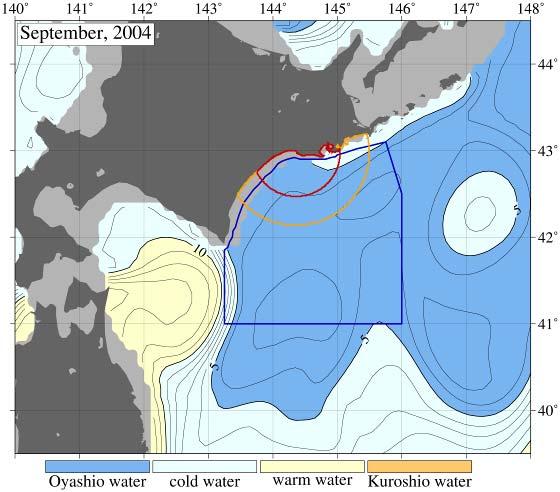 Fig. 2. Water temperature at 100 m deep in the survey areas of JARPNII coastal component off Kushiro in September from 2000 to 2013.