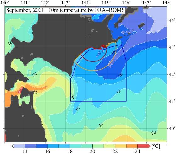Fig. 3. Water temperature at 10 m deep in the survey areas of JARPNII coastal component off Kushiro in September from 2000 to 2013.