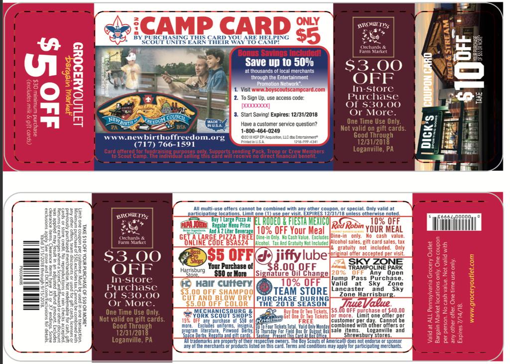 The purchase price of a Camp Card is $5.00 and participating unit Scouts will earn 50% commission for each card they sell!