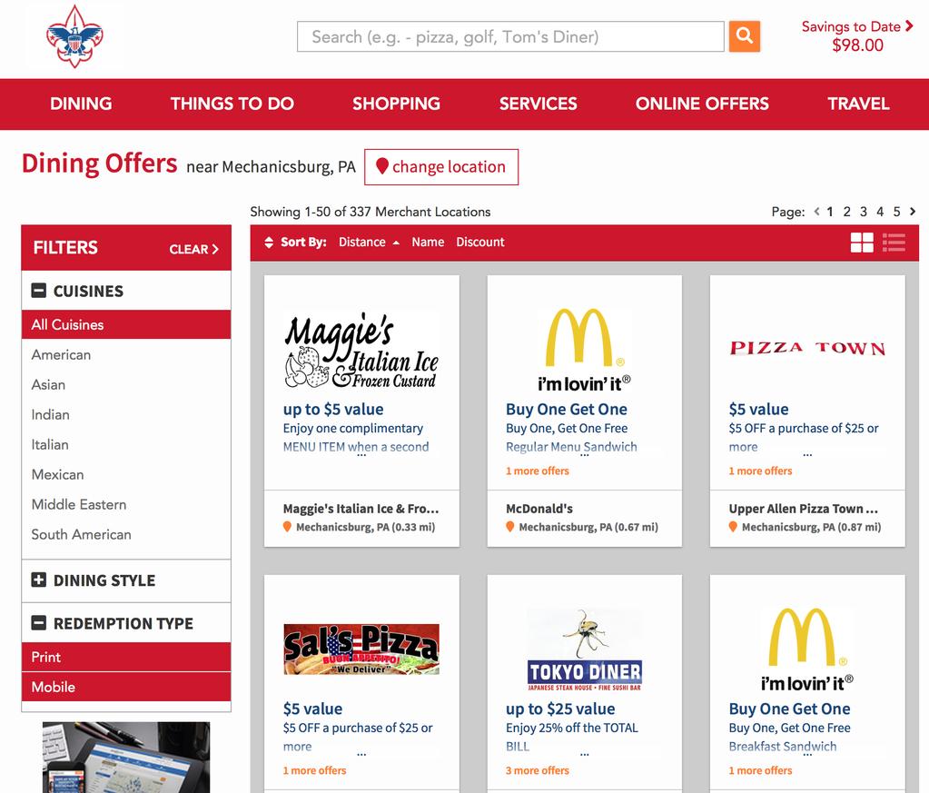 Online Offers Purchasers can redeem hundreds of online offers for a variety of different categories, including dining, shopping, travel, things to do and services.