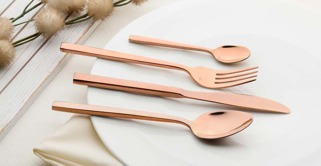 18/10 Stainless Steel 24 TITAN PVD Hard Coated, Mirror Rose Gold 25 Finished Handles, Tines, Bowls and B O U T I Q U E Blades Dishwasher Safe AREZZO ROSE GOLD Style Perfection Stark but alluring, the