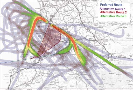 Figure 41 - Runway 12 Departures to the West - Preferred and Alternative Routes over Flight Path Density Map The