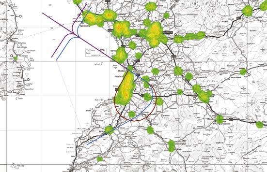 The diagram below shows the preferred and alternative routes over a flight path density map of the current