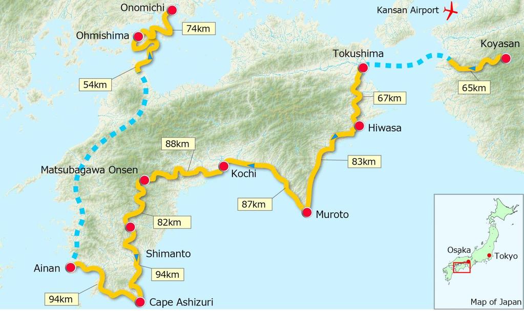 to Matsubagawa Onsen Ryokan TO B,D Day 8 Cycle 82km Matsubagawa Onsen to Shimanto Ryokan TSO B,D Day 9 Cycle 94km Shimanto to Cape Ashizuri Hotel TSO B,D Day 10 Cycle 94km Cape Ashizuri to Ainan