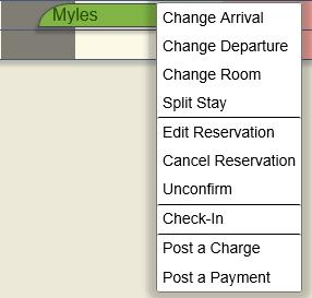 Figure 56 Guest Calendar: Hold down the left button and select Undo Check-In When undo check-in is selected the reservation is highlighted in a different colour to differentiate the reservation.