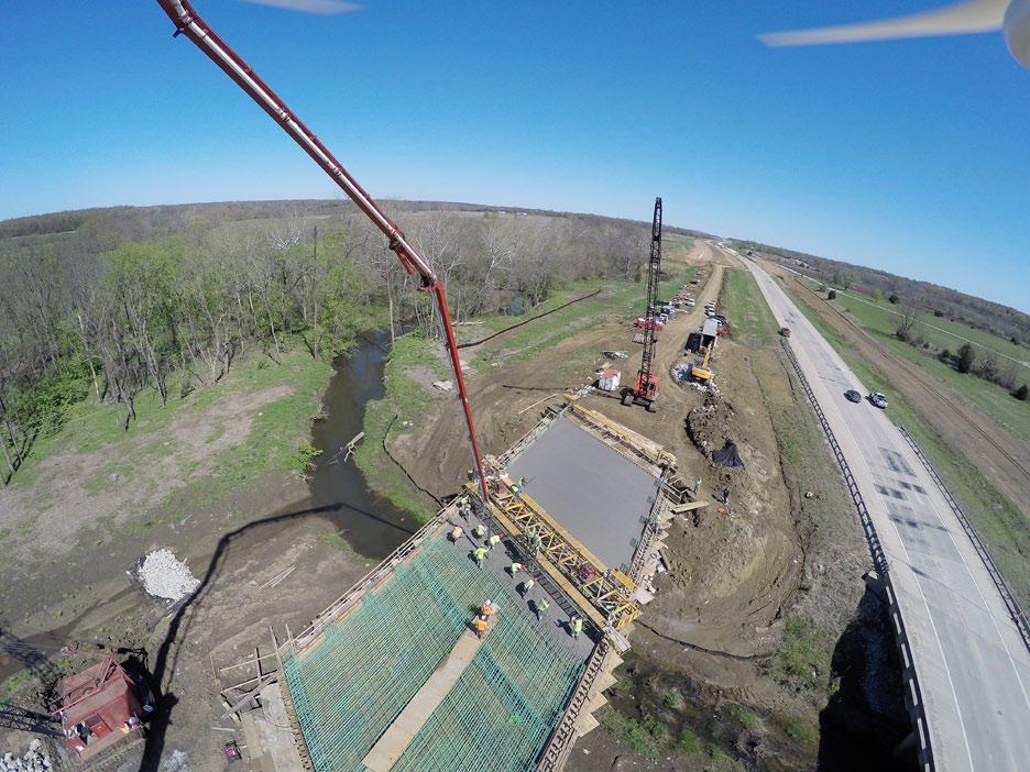 District Four Aerial photography captures crews paving a bridge on the U.S. 69 expansion south of Fort Scott.