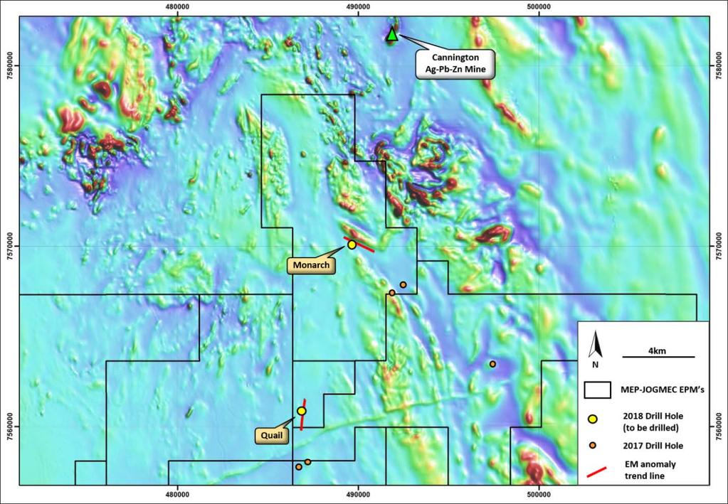 3 Osborne JV JV with JOGMEC funding to earn 51% 2 EM conductive zones recently located just 12km and 22km south of the Cannington mine Monarch 2 plates interpreted to lie within Mt Norna Quartzite