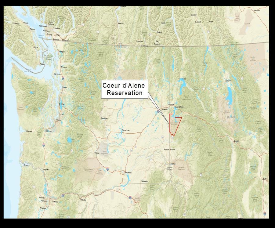 About our Land The 350,000-acre Coeur d'alene Reservation is located in Northern Idaho. It includes the southern portion of Lake Coeur d Alene, the lower end of the St.