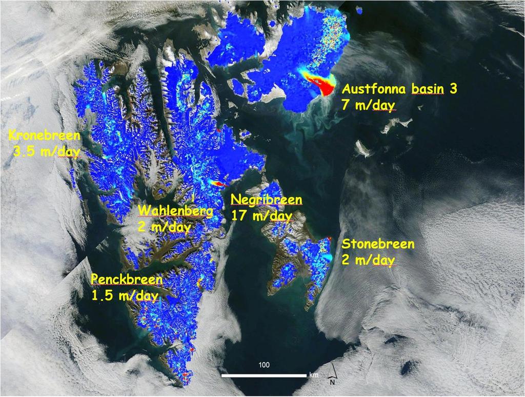 Ice velocity: Sentinel-1 Glacier surface speeds can be detected using radar offset tracking Svalbard: