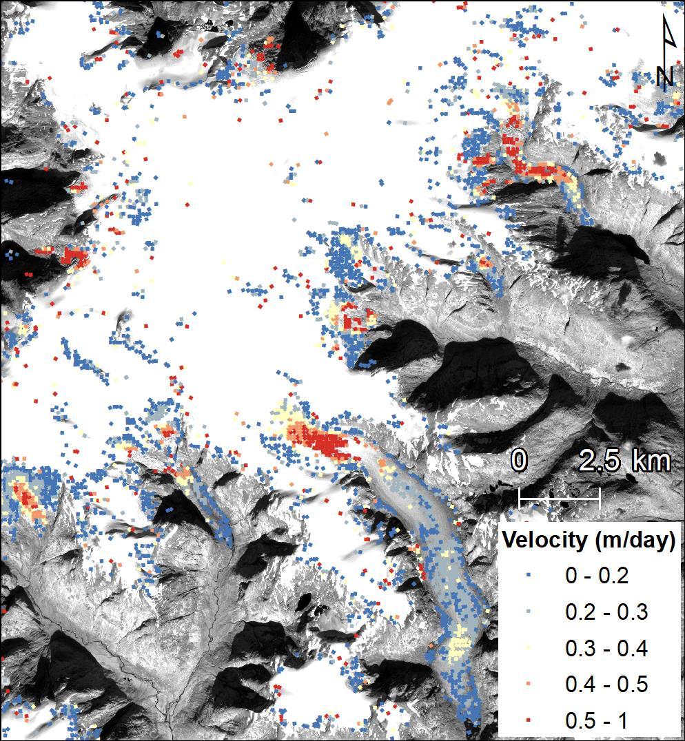 Ice velocity: Sentinel-2 Glacier surface speeds derived using optical image matching. Standardised normalised crosscorrelation.