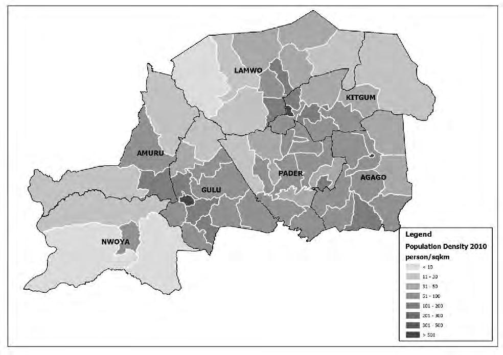 In Acholi Sub-region, the population densities of the sub-counties vary greatly as shown in the following figure. Source: UNOCHA 2010 and UBOS compiled by JICA Study Team Figure 3.