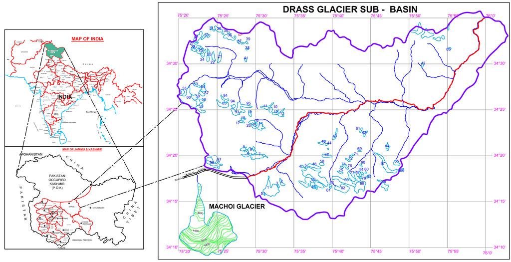 Figure 1. Location map of Drass glacier sub-basin and Machol glacier, Kargil Ladakh. light of climate change phenomenon, if any.