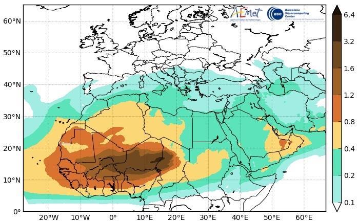 1 to 0.4g/m 2 over northern Morocco, Algeria and Tunisia, northeastern Libya, the whole of Egypt, northern Chad, most of CAR, Sudan and Ethiopia. High dust loading ranging between 0.4 to 1.