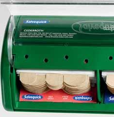 Salvequick Dispenser Clean, dry and hygienic Our new dispenser allows you to pull adhesive bandages downwards, which avoids you