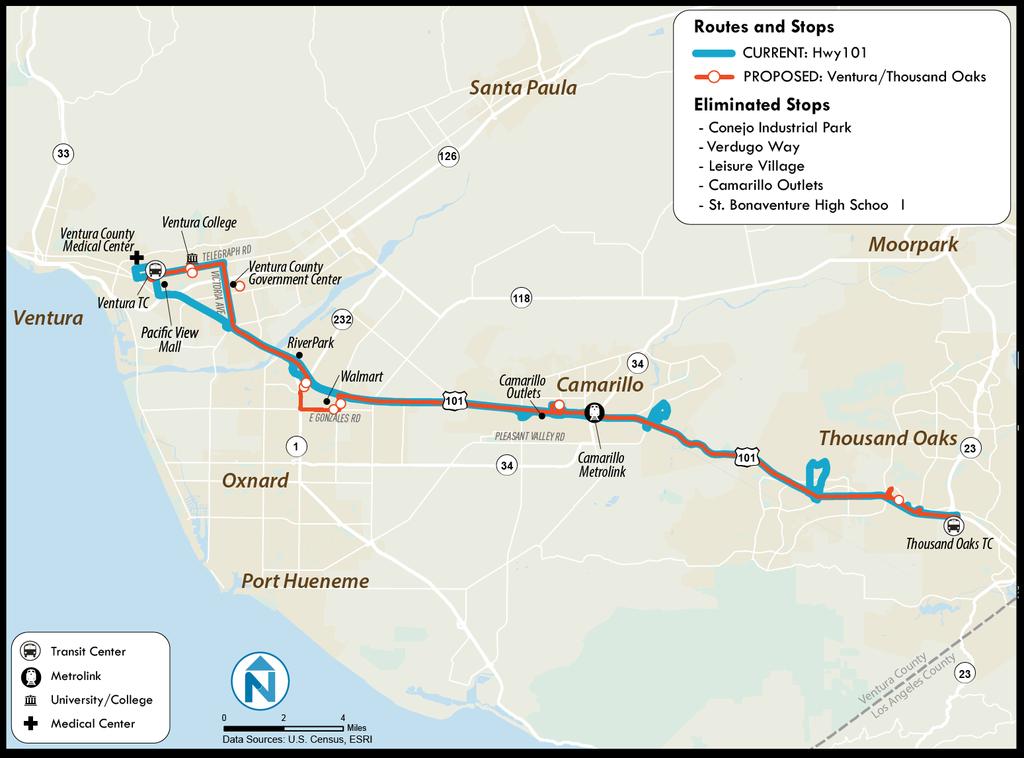 Ventura/Thousand Oaks Replaces: Highway 101 The Ventura/Thousand Oaks route should operate at a 60-minute headway throughout the entire day to facilitate timed connections with proposed