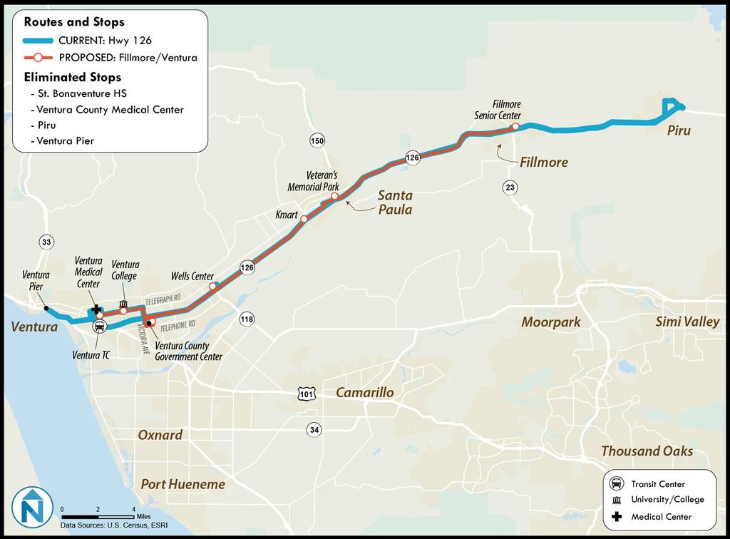 Fillmore/Ventura Replaces: Highway 126 The Fillmore/Ventura route should continue to operate at a 60-minute headway and have timed connections with the proposed Ventura/Thousand Oaks route at the