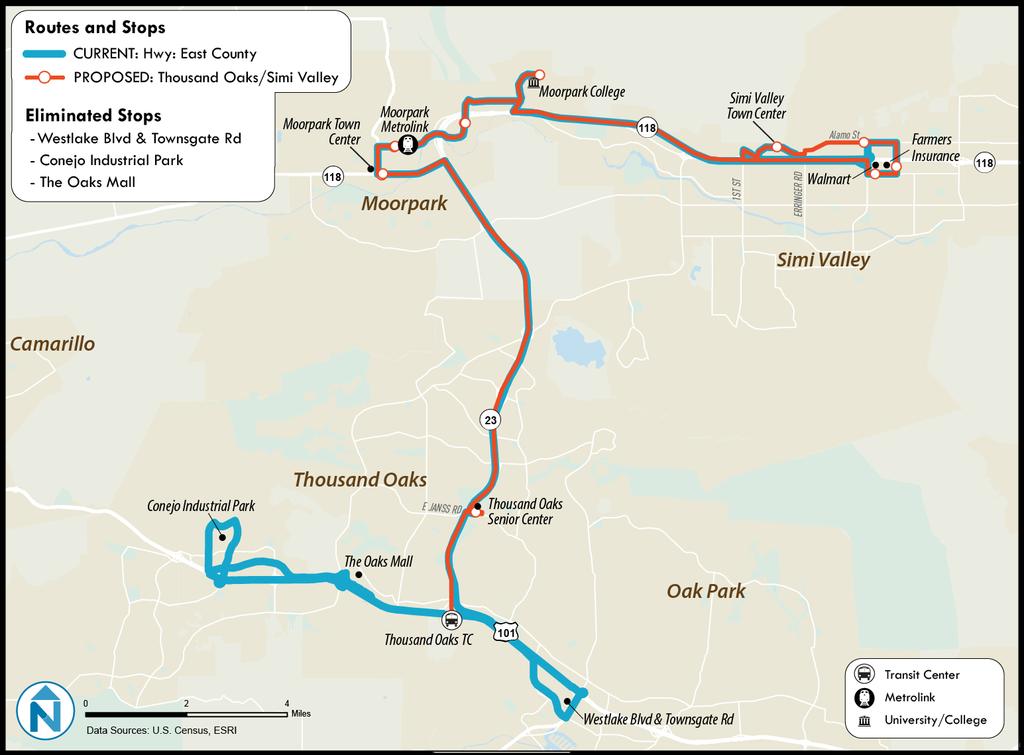 Thousand Oaks/Simi Valley Replaces: East County The Thousand Oaks/Simi Valley route should operate at 60-minute headways and have timed connections with proposed Ventura/Thousand Oaks route at the
