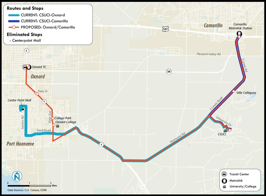 Oxnard/Camarillo Replaces: CSUCI/Oxnard and CSUCI/Camarillo The Oxnard/Camarillo route combines the alignments of both CSUCI shuttles to create a single route with improved frequency between Oxnard