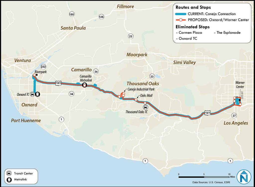 Oxnard/Warner Center Replaces: Conejo Connection The Oxnard/Warner Express should operate two round trips during the morning and two round trips during the afternoon.