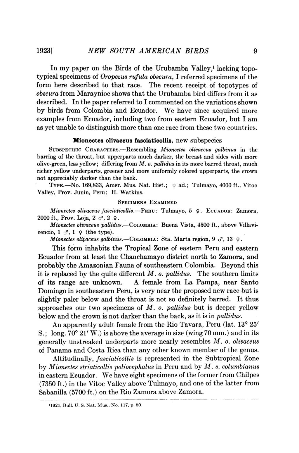 1923] NEW SOUTH AMERICAN BIRDS 9 In my paper on the Birds of the Urubamba Valley,' lacking topotypical specimens of Oropezus rufula obscura, I referred specimens of the form here described to that