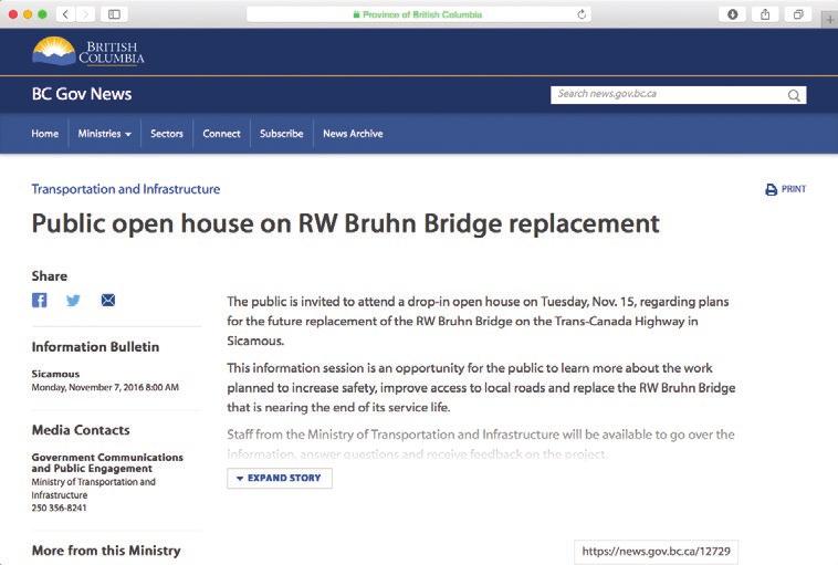 Trans-Canada Highway 1 RW Bruhn Bridge Replacement Project ENGAGEMENT SUMMARY REPORT 1. News Release https://news.gov.bc.
