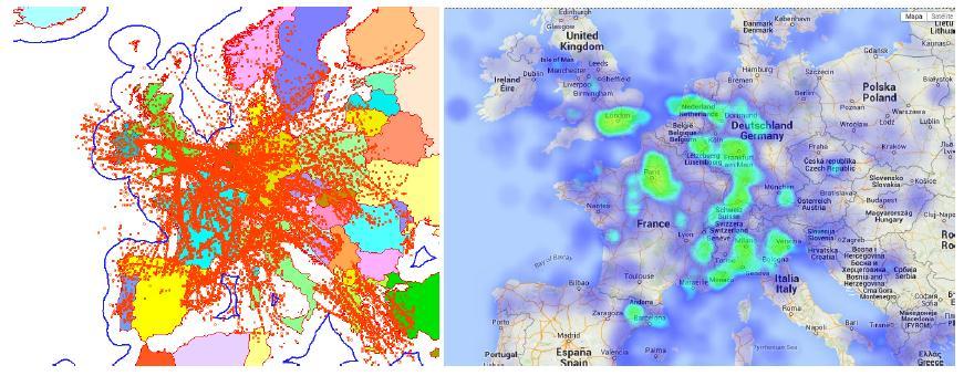 Flight registers across Europe and density spread Air traffic over mainland Europe is very