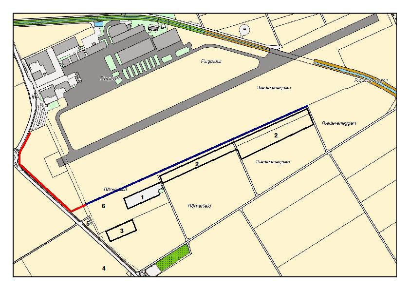 ANNEX D Layout Rote Linie: Absperrung Strasse-Flugplatz Blaue Linie: Begrenzung Zuschauer 1: Festplatz (Fest- und Ausstellungszelte) 2: