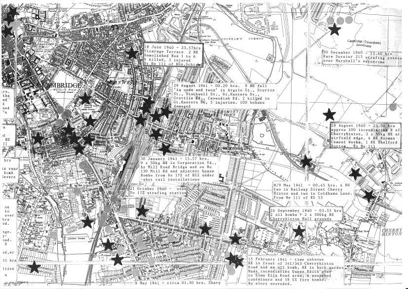 Figure 32 Map of Cambridge with air raids marked (CC: loan exhibit) During the early months of 1941, under cover of low cloud, lone German raiders increased their raids into East Anglia during