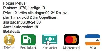 Multi-story car park Capacity 1070 Opening Hours 06.30-24.00 12 SEK/hour every day 00-24 400SEK/ 4days Payment by coins, Visa or MasterCard.