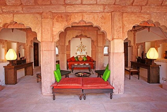 Photo courtesy of Jodhana Heritage Resorts Each mansion, or haveli, is named after one of the queens and features two or three bedrooms, a private courtyard, an outdoor living area, and locally