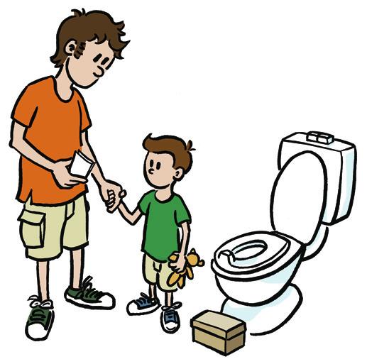 Track suits, pull up pants and shorts with stretchy waists are good. Take your child to the toilet every 2 hours.