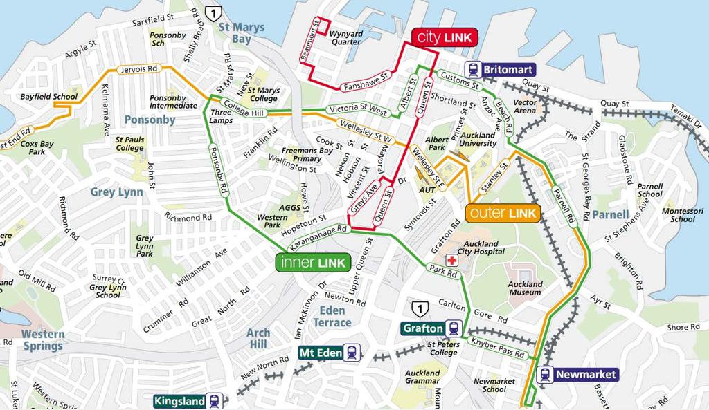 Auckland City Centre Fringe 25 frequent (the inner link route operates every ten minutes between 6 am and 8 pm, Monday to Friday) does not provide bus priority.