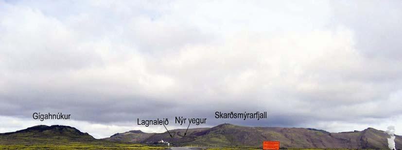 Mynd 44. Fyrirhugaður vegur uppá Skarðsmýrarfjall og lagnaleið séð af Hellisheiði.