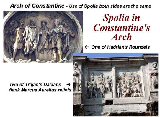 The decoration of the arch is composed almost entirely of "spolia", pieces taken from monuments of earlier emperors.
