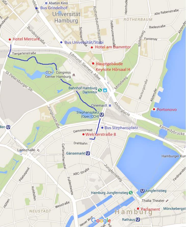 Orientation For those, who stay at the Hotel Mercure: If you feel like having a walk, you can walk from the hotel to Welckerstraße 8 as shown on the map (1,5 km; 20mins), or you can use the public
