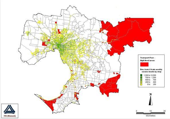 Melbourne has BIG PT inequity as a result many high need/no service areas Service Supplied (Green) Highest Social Need Areas (Red) Source: Delbosc A and Currie, G.