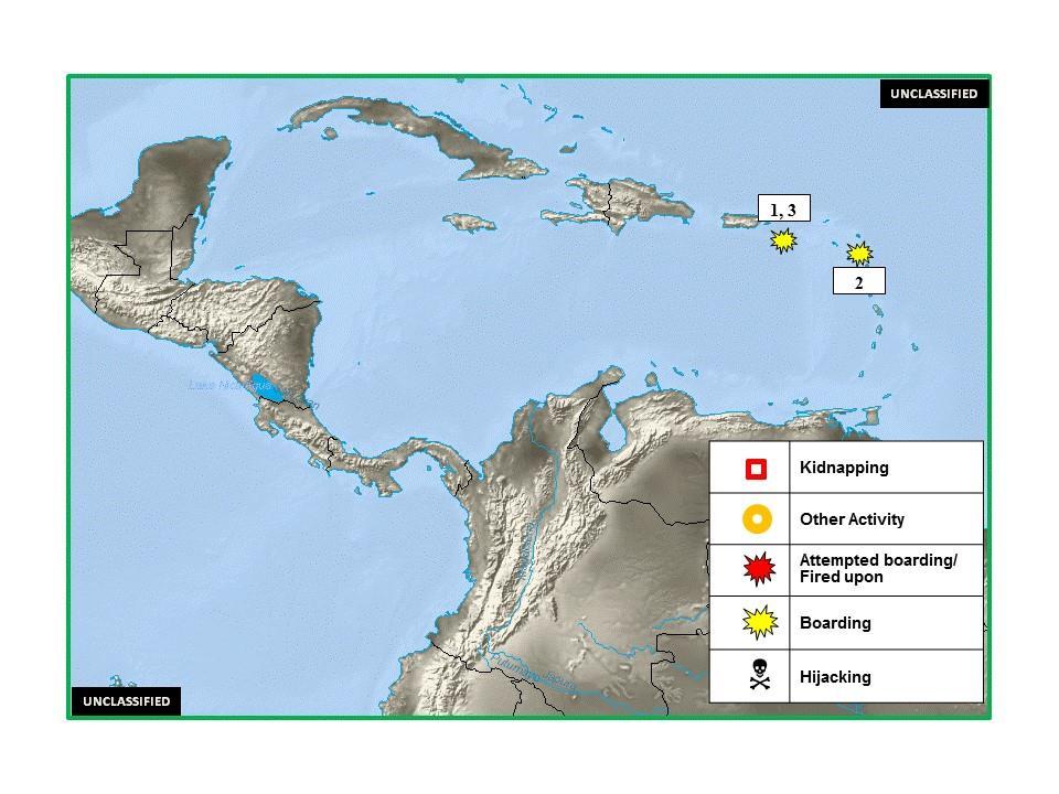 B. (U) CENTRAL AMERICA - CARIBBEAN - SOUTH AMERICA: Figure 1. Central America - Caribbean - South America Piracy and Maritime Crime 1. (U) U.S. VIRGIN ISLANDS: On 21 December, a dinghy and outboard motor were stolen from a sailing yacht anchored in Elephant Bay.