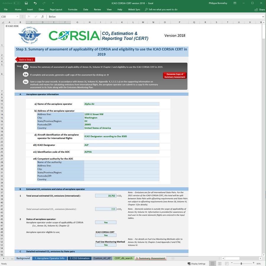 The CERT generates a summary report with; total annual emissions from international flights (used to determine if the operator is subject to CORSIA), Total annual emissions from