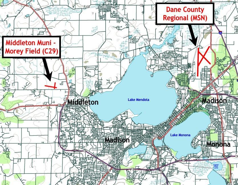 Airport location is located in Dane County (South Central Wisconsin). Easily accessible from U.S. Highway 12, Middleton Municipal-Morey Field is conveniently located adjacent to the city of Middleton and is 15 minutes west of downtown Madison.