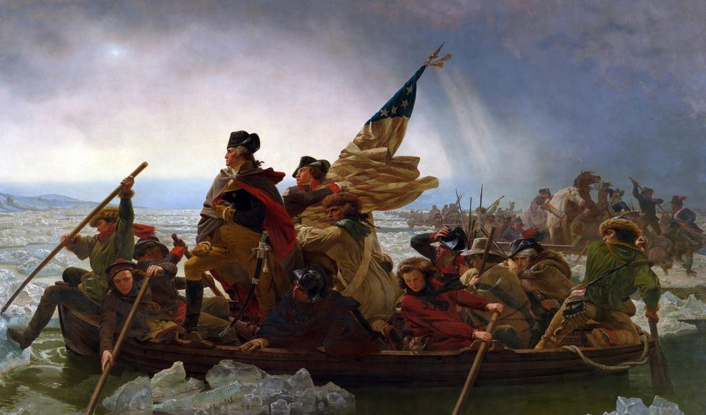 14 Á jólanótt 1776 stjórnaði Georg Washington árás yfir Delawarefljót gegn breskum hersveitum. Washington sést hér standa í stafni bátsins. Hann varð síðar fyrsti forseti Bandaríkjanna.