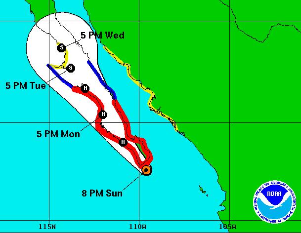 15-Sept Huracán de categoría II se ubicó en tierra, a las 07:00 horas, tiempo del centro del país, a 40 km al estenoreste de Santa Fe, Baja California Sur, y a 60 km al oeste