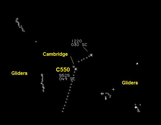 . At 1348:52, radar replay showed the C550 overhead the airfield at FL049 (5000ft) with intermittent gliders showing 2.