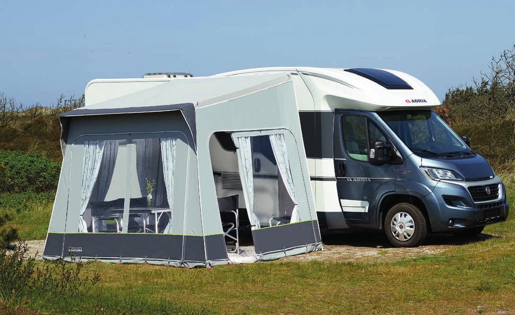 All sides and front panels can be folded down or removed and the awning has a mosquito net window with foil cover on the right-hand side.