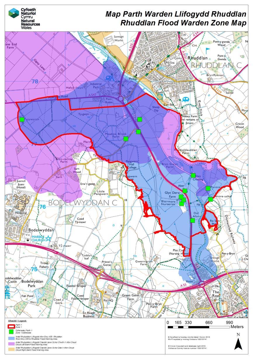 9. Locations at Risk Zone 1 Source of flooding Flood Warning Area Areas at risk (by priority) Flood Warden(s) responsible for the zone Zone 1 Details - Fluvial (River Elwy) - Coastal (Clwyd Left