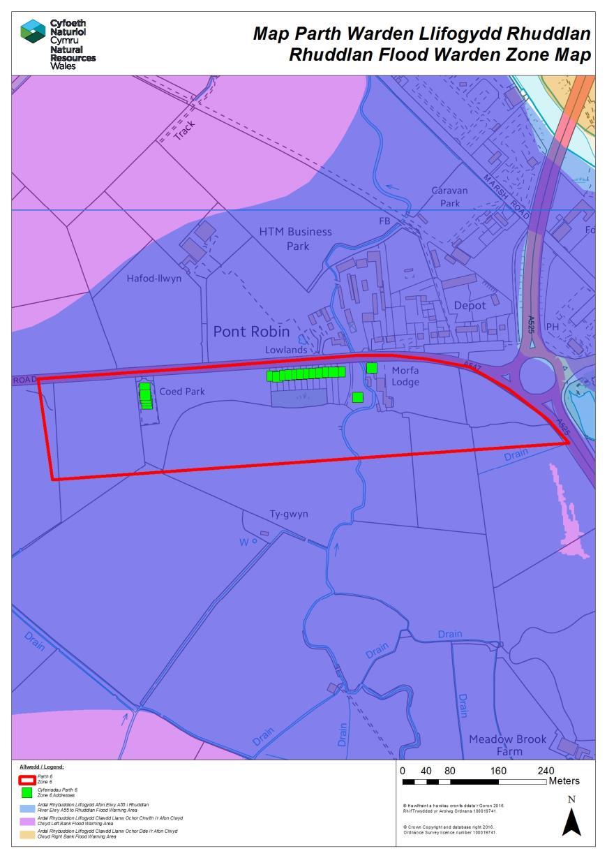 9. Locations at Risk Zone 6 Source of flooding Flood Warning Area Areas at risk (by priority) Flood Warden(s) responsible for the zone Zone 6 Details - Fluvial (River Elwy) -