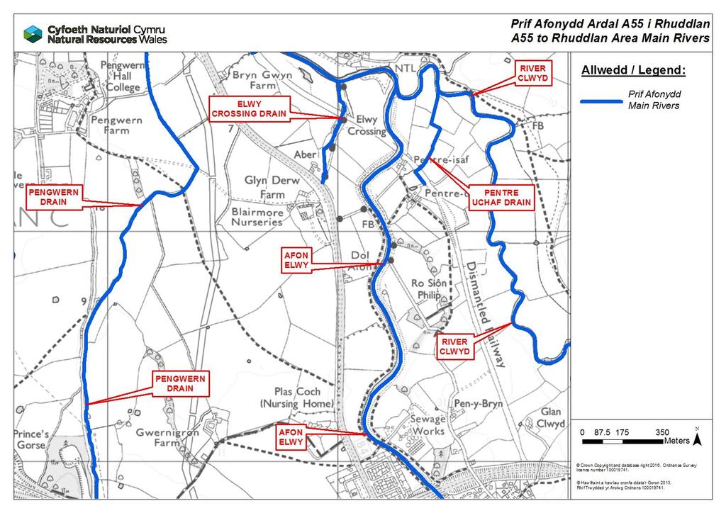 10. Watercourse Designation A55 to Rhuddlan Area The following map shows which watercourses in the A55 to Rhuddlan area are designated as Main Rivers (in blue).