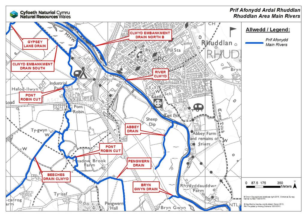10. Watercourse Designation Rhuddlan Area The following map shows which watercourses in the Rhuddlan area are designated as Main Rivers (in blue).