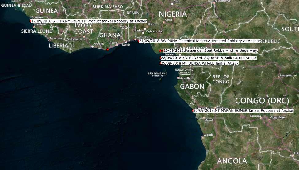 Guinea 17 September The anchored Product Tanker, Sti Hammersmith was boarded by four armed robbers at Conakry Anchorage, Guinea.