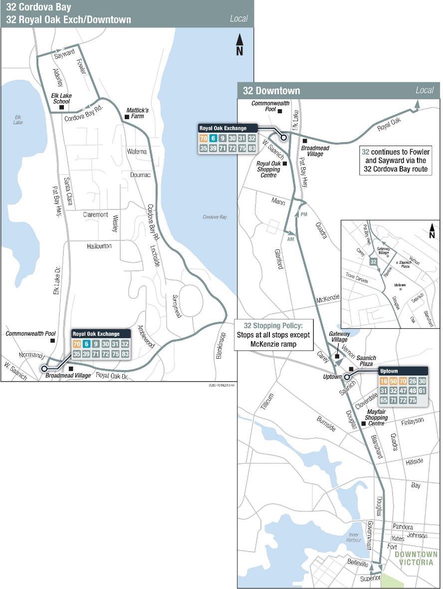 Routing Change Route 32 32 Cordova Bay WINTER 2019 CHANGE: Effective January 2, 2019 The 32 Cordova Bay will be rerouted around the west side of Uptown, circumventing Blanshard Street.